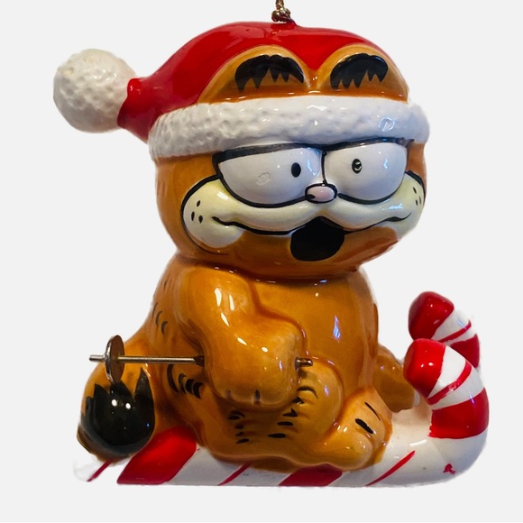 Christmas Garfield Enesco Santa Hat Candy Cane Skis With Poles Ceramic Vintage - Picture 2 of 12